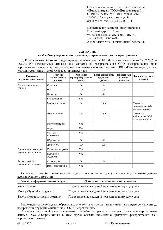 СОГЛАСИЕ  на обработку персональных данных, разрешенных для распространения